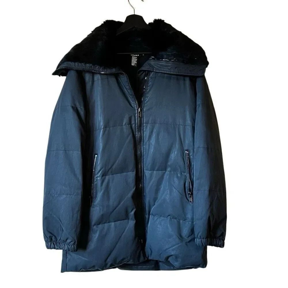 Vintage DKNY Black Down Puffer Luxe Faux Fur Trim winter coat Y2K 90s Medium